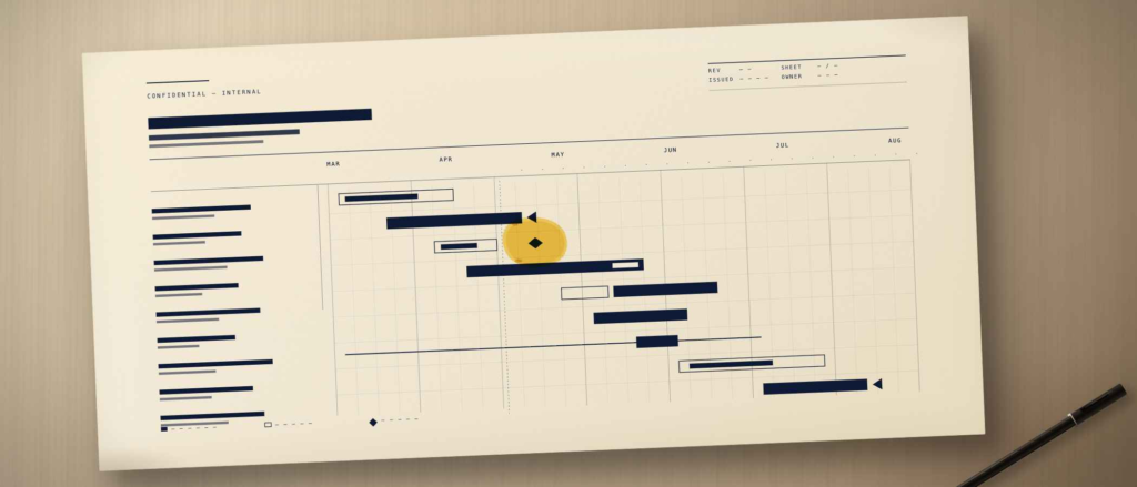 A printed manufacturing schedule on a wooden desk with one date circled in yellow highlighter.