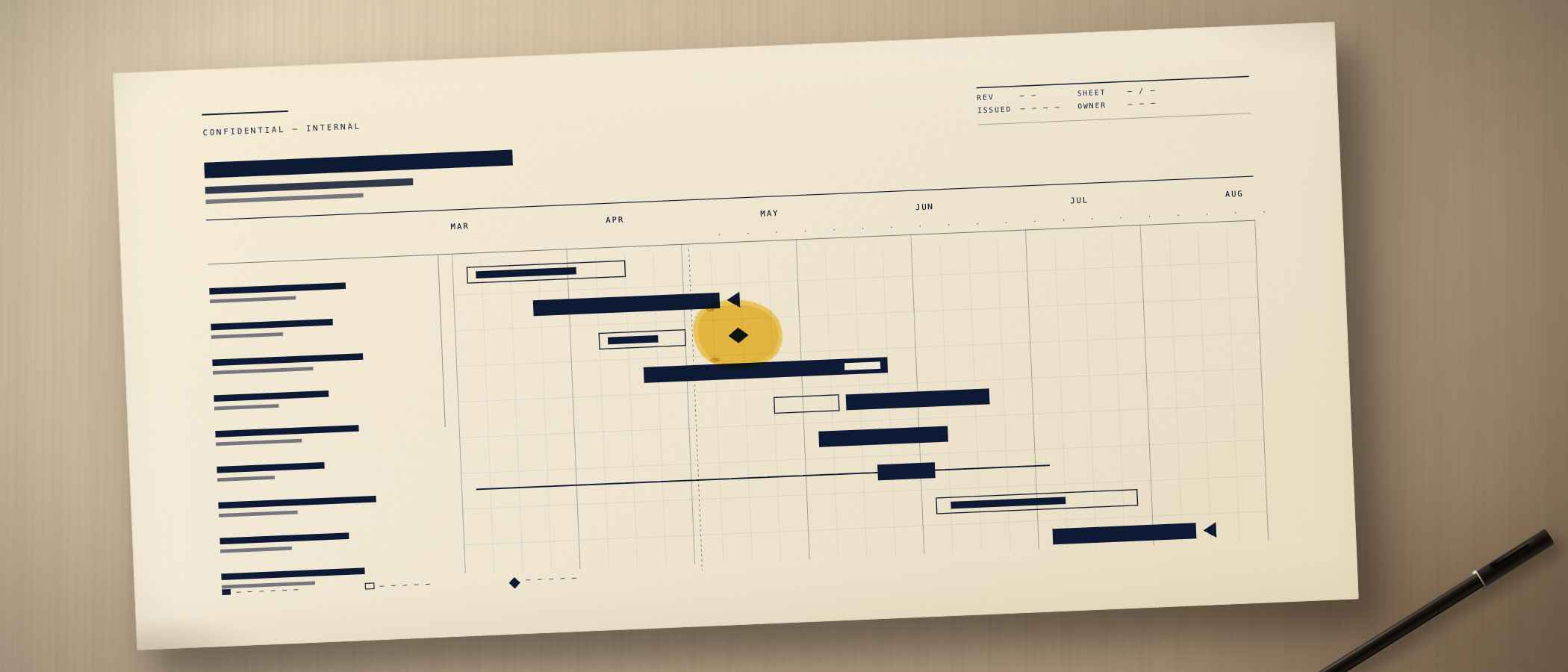 A printed production schedule on a desk with one date circled in yellow highlighter.