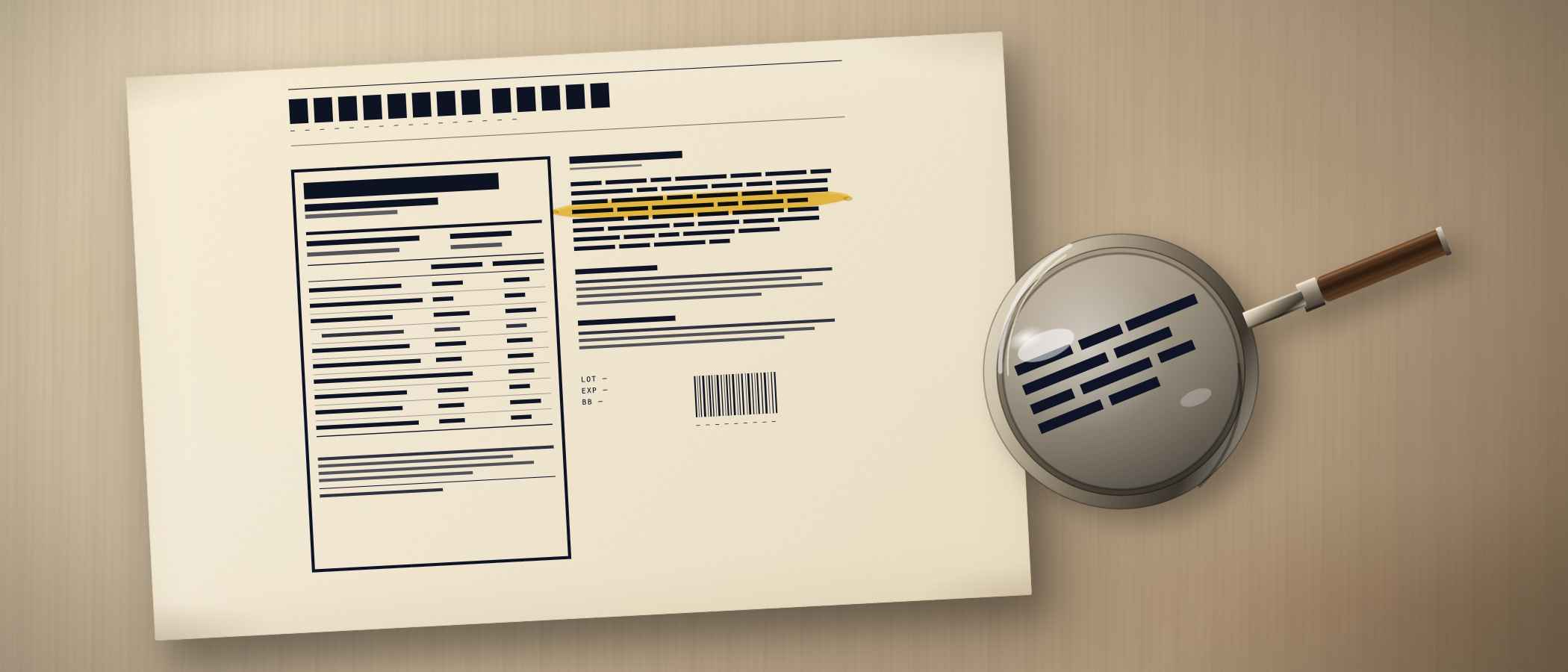 An ingredient label on a desk with one phrase circled in yellow highlighter and a magnifying glass beside it.