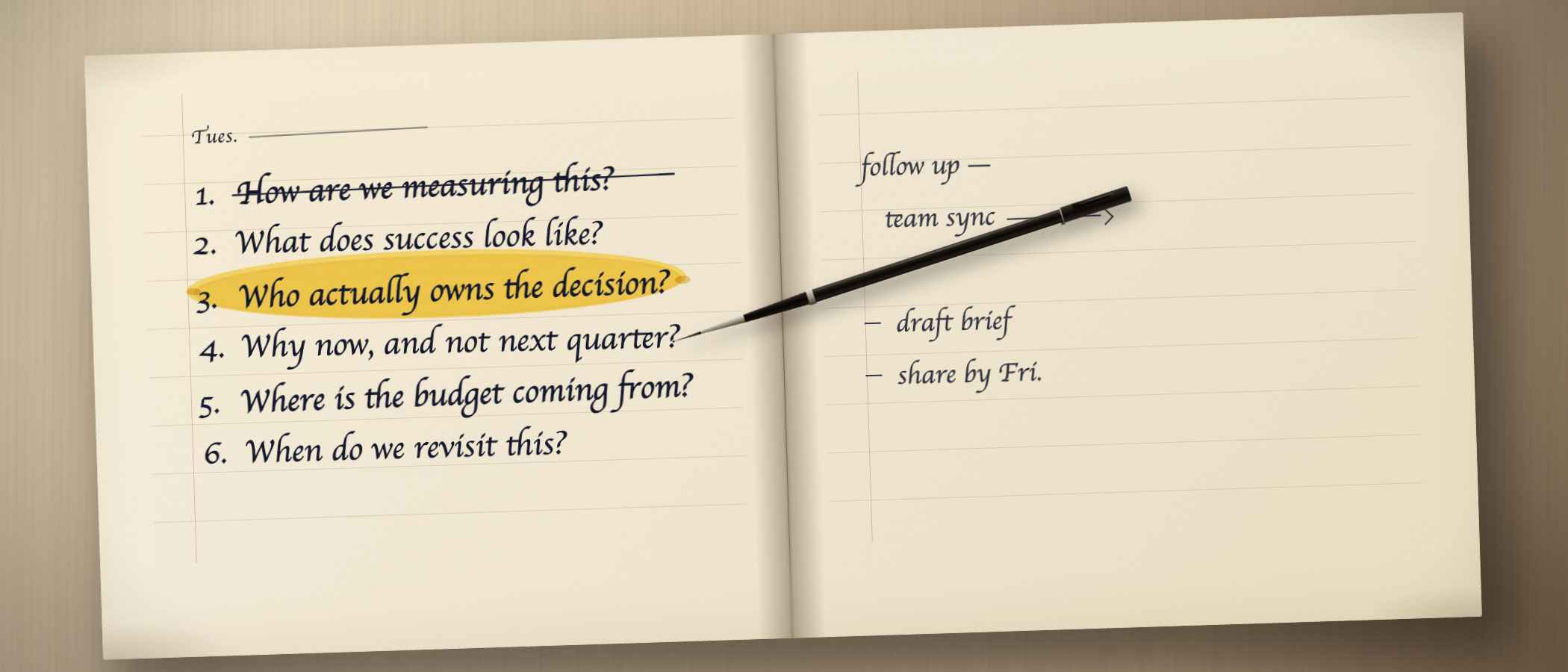 An open notebook with one question crossed out and another circled in yellow.